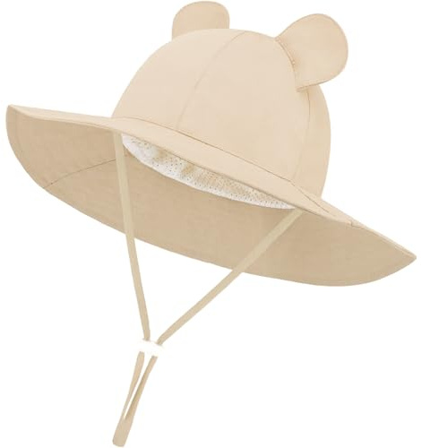DRESHOW Baby Solhatt Småbarn Solskydd Strandmössa med Björnöron Unisex Sommarhatt med Hakrem UPF 50+