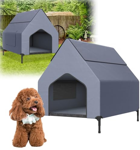 HENGMEI Hundebett mit Baldachin Hundeliege Hundehütte im Hausform, 91 x 65.5 x 86.5 cm Haustierzelt Hundezelt Outdoor Erhöhtes Katzenhaus Hundehaus Oxford-Material Stahlrahmen Hundekäfig