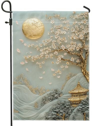 Bandera de jardín de árbol de flores, flor de cerezo azul, decoración al aire libre, bandera de arpillera de doble cara, decoración del hogar de temporada, 12 x 18 pulgadas