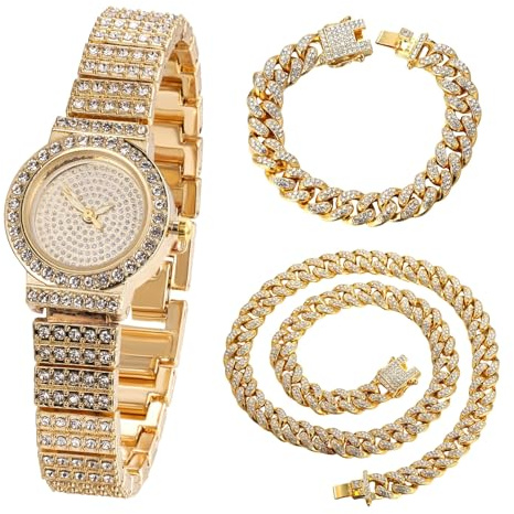 HALUKAKAH Diamantklocka för barn glittrande stjärnigt: 18 k äkta guld/platinapläterad, elegant och avslappnad rund urtavla, full av diamanter, rostfritt stålband kvartsur, present för pojkar och