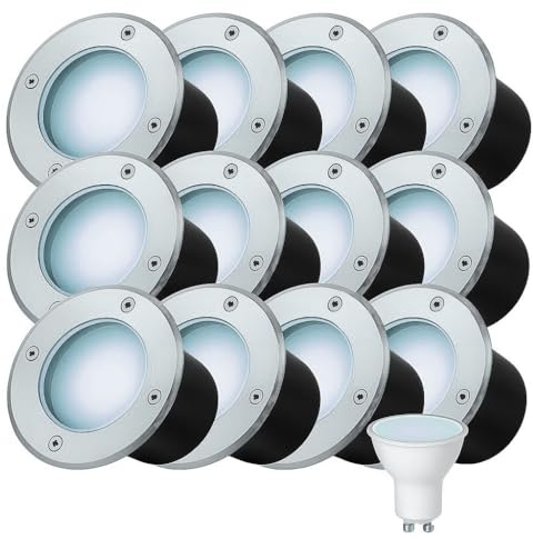 Partenopea Kit 12 Faretti Calpestabili da Incasso IP65 con Attacco GU10 per Esterni Giardini Vialetti Sentieri in Acciaio Inox con Controcassa, Compatibili Lampade 220V (Luce bianca fredda 6500K)