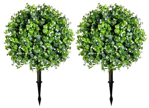 JOYWU Set of 2 Artificial Boxwood Topiary Ball Trees with Red Flowers for Outdoor with Ground Spike 70cm, UV Resistant Faux Greenery Shrubs Bushes, Fake Plants for Garden, Yard, Porch, Patio Decor (C)
