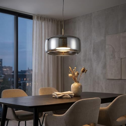 Alpinaluz LED Pendelleuchte Ø37 cm mit Rauchglas-Kristallschirm und Fernbedienung, 25W 1750 Lumen, stufenlos dimmbar, Farbtemperatur, modernes Design aus gebürstetem Messing für Wohnzimmerbeleuchtung