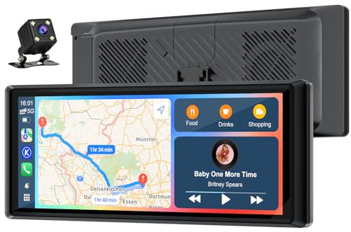 8.1 Wireless Portable Car Play Screen for Apple Carplay & Android Auto,Carplay Screen Car Tablet with Reversing Backup Camera, OTA Upgrade, GPS Navigation/Voice Control/Mirror Link/Bluetooth/AUX/FM