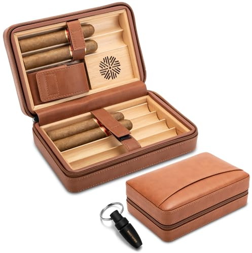 CLZOONG Boîte à cigares de Voyage avec poinçon, étui à cigares en Cuir doublé de Bois de cèdre pour 6 cigares, humidificateur Portable intégré pour Les Amateurs de cigares (Marron)