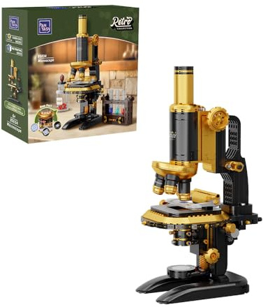 PANTASY Retro Microscope Building Kit for Adults, Antique Science Instrument Model with Mechanical Design, Brass Finish & Lab Accessories, Collectible Display Brick Set