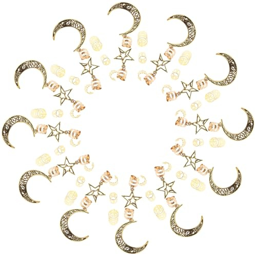 BELLIFFY 90 Piezas Anillos para Trenzas con Diseño de Luna y Estrella Metal Dorado Accesorios Ligeros y Duraderos para Adornar Dreadlocks para Festivales y Peinados Personalizados