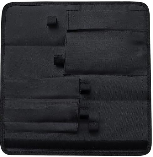 Sac à Couteaux de Chef en Rouleau, Trousse de Rangement Portable 5 Emplacements en Tissu Oxford Imperméable, Etui à Couteaux Noir Compact pour Voyage, Camping, BBQ et École Culinaire (38,5 x 36,5 cm)