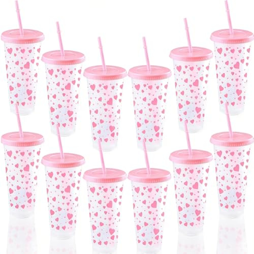 VorErgyllic 12 Bicchieri di Plastica a Cuore con Coperchio e Canna, Riutilizzabili 720ml (24oz) Rosa con Cuori Rossi, Bicchieri Trasparenti per Bevande Fredde, San Valentino, Articoli per Feste