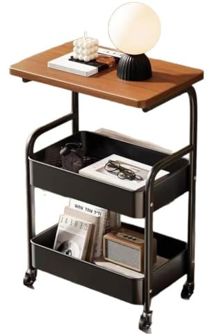 Garvee Multifunktionaler 3-stöckiger Rollwagen mit Holz-Tischplatte – Metall-Organizer mit Mesh-Körben, abschließbaren Rollen, robust – Ideal für Küche, Bad, Wohnzimmer, Büro – Farbe: Schwarz