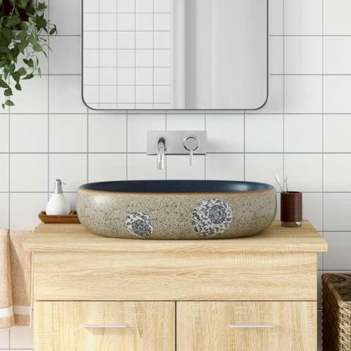 Lavabo sospeso, lavabo da appoggio, colore sabbia, ovale, 59 x 40 x 14 cm, in ceramica, per piccoli ospiti, confezione compatta e facile da montare