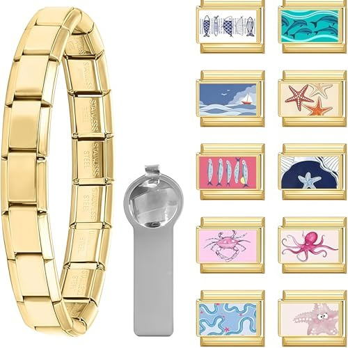 Vesavifaka Bracelet Charms Italien Armband Ensemble Doré avec 1 Bracelet de Démarrage, 10 Charms Thème Océan avec Outil d'Ouverture, 9 mm Charms Modulaires, Bijoux DIY Amovible