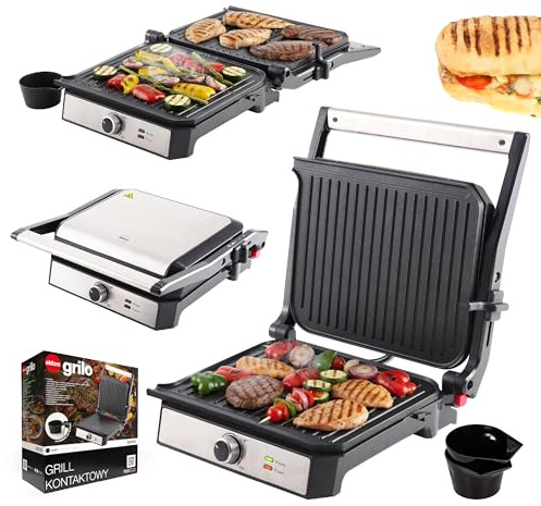 Kontaktgrill 2000W, Elektrogrill 2in1 Kontaktgrill & Tischgrill, Panini Grill mit Antihaftplatten, Temperaturregelung, Fettauffangschale, Edelstahlgehäuse, Grill für Steak, Gemüse Eldom GK200
