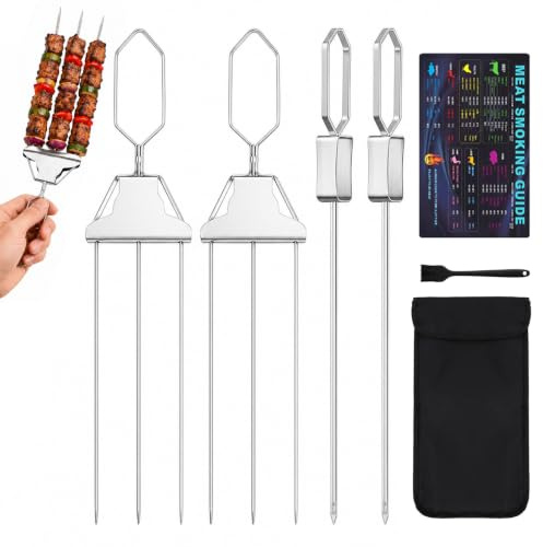 Grillspieße aus Edelstahl, Einsteigerfreundliches Dreifach-Grillgabeln-Set mit Grillhilfe und Aufbewahrungstasche, Robuste Metall-Kebabspieße für Grill, Smoker und Camping, 7-teiliges Grillzubehör-Set