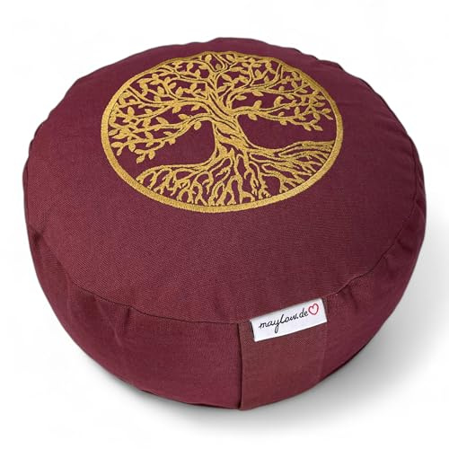 Maylow Yoga with Heart Meditation Cushion with Tree of Life Embroidery 33 x 15 cm Filled with Spelt Fur Cover and Ticking 100% Cotton - plum