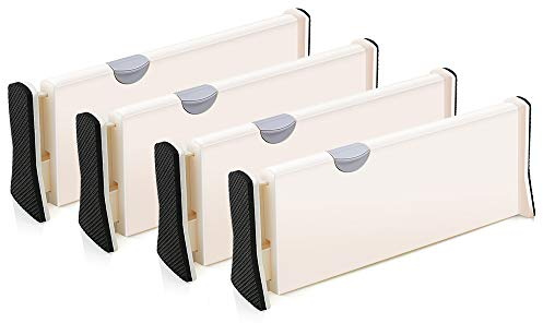 Bossjoy 4-Pack Adjustable Drawer Dividers Organizer Separators - Good Grips Dresser Organizer - for Bedroom, Bathroom, Closet, Baby Drawer, Desk, Kitchen Storage