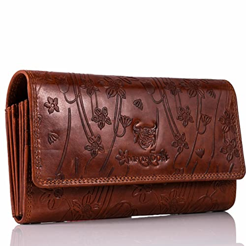 MATADOR [Budapest XL Karten Portemonnaie Geldbeutel Damen Leder Groß mit edler Geschenk Box | Portmonee Geldbörse Damen Gross mit RFID Blocker |Geldtasche Brieftasche | Damenportemonnaie Blumen Braun