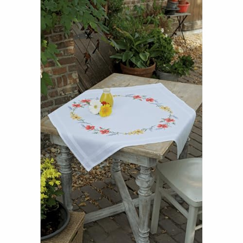 Vervaco Stickpackung Tischdecke Sticken Set Erwachsene Vorgedruckt Blumen und Lavendel Stickdecken Vorgezeichnet Decke Sticken Stickpackung Plattstich 80 x 80 cm Kreatives Geschenk