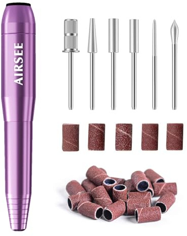 AIRSEE 20 000 RPM nagelborrmaskin för hem och salong, bärbar elektrisk nagelfil för manikyr och pedikyr med 6 borrkronor och 26 slipband för akrylgel-naglar, polering och borttagning