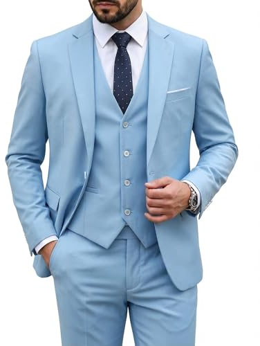 MY'S Men's 3 Piece Suit Set with Tie, One Button Slim Fit Solid Jacket Vest Pants, Prom Party Wedding Business Suits for Men, Sky Medium