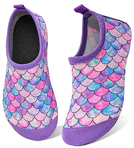 WateLves Kids Water Shoes Toddler Girls Boys Barefoot Non-Slip Quick Dry Aqua Socks for Beach Swim Walking (Fish Scale Purple, 34/35)