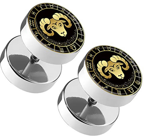 Taffstyle 1 Paar Fake Piercing Runde Ohrringe Ohrstecker Ohr Plug Flesh Tunnel mit Sternzeichen Motiv Tierkreiszeichen Widder