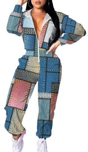 EOSIEDUR 2 Piece Outfits For Women Sports Sets Casual Autumn Denim Blue Print Windbreak Elastic Waist M