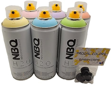 PROGAL COLORS NBQ PRO SPRÜHFARBE „ORIGINAL PASTEL PACK H20“ 6x 400 ml + 3x DIFFUSOR – Sprühfarbe auf Wasserbasis – GERUCHSARM – Für den Innen- und Außenbereich – MATTE FINISH