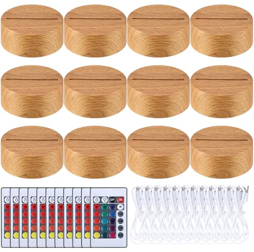 Baquler 12 Sets 3D LED Night Light Lamp Base Gift Bulk 16 Colors 3.93 Inch Lighten Display Base with Remote Control USB Cable Lamp Base for Acrylic Glass Resin Restaurant Room