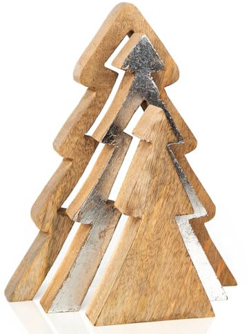 Logbuch-Verlag 3-TLG. Kleiner Deko Weihnachten Baum zum Ineinanderstecken Weihnachtsbaum Tannenbaum Figur aus Holz braun Silber 28 cm
