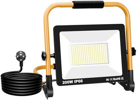 Willpower Faretto LED da Cantiere 200W, Faro LED Portatile 20000LM 6000K IP66 Impermeabile Cavo 3M Rotazione 180° con Staffa Pieghevole Lampada da Lavoro Proiettore LED per Esterno Officina Garage