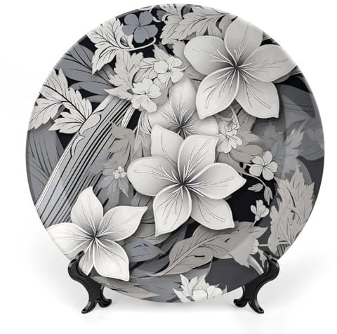 Assiette décorative en porcelaine anglaise à motif de fleurs tropicales noires et blanches complexes de 25,4 cm avec support de présentation, assiettes à dîner, décorations artisanales pour accrocher