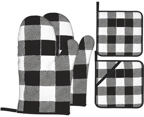Mitaines De Four, Plaid Noir Et Blanc Oven Mitts Anti Chaleur Kitchen Gloves Résistant À Chaleur Maniques Cuisine pour Barbecue Cuisine Femmes