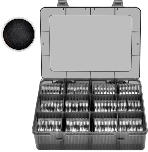 84 Stücke 46mm Münzkapseln, mit Schaumdichtung und Plastikspeicher Organizer Box, Münzhalter Sammler Fall für Münzsammlung Supplies 7 Größen (16/20/25/27/30/38/46mm (Graue Box+Schwarze Dichtungen)