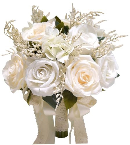 Bouquets de mariage pour la mariée, bouquets de mariée blanches de 9,1 pouces pour la mariée, bouquet de rose artificiel, bouquet de fleurs avec ruban de soie pour cérémonie de la Saint-Valentin, bou