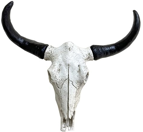 Large Cow Skull Wall Mount Sculpture, Hanging Horned Buffalo Animal Head Ornament Figure Art Décor Resin with Vintage Ivory Finish, Wildlife Indoor Outdoor Decorative Accessories (Ivory Cow Skill)