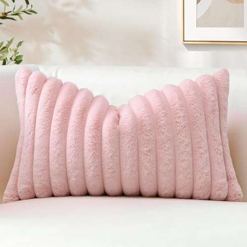 Sungeek Set of 1 Blush Pink Faux Rabbit Fur Cushion Cover 30x50 cm, Soft Cozy Plush Striped Decorative Throw Pillow Covers 12x20 Inch Velvet Lumbar Pillowcases for Sofa Bedroom