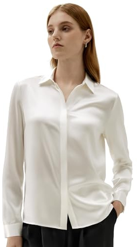 LilySilk Damen Seidenbluse mit Knopfleiste klassisches Oberteil mit spitzem Kragen und verdeckter Knopfleiste für Freizeit, Business und Verschiedene Anlässe(naturweiß,M)
