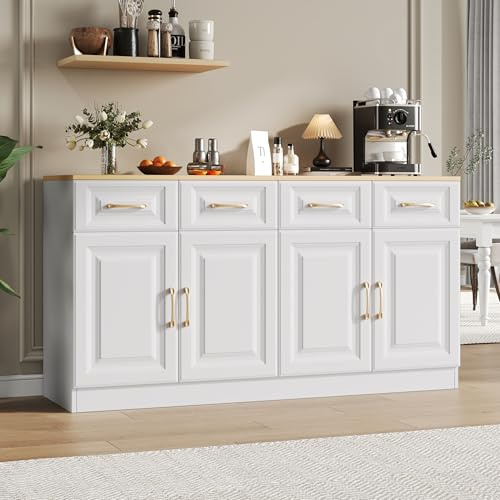 Laxnb Kommode Weiß Sideboard 140x40x75 Küchenschrank 4 Türen & 4 Schubladen, Seitenschrank Sideboard Wohnzimmer Möbel Buffetschrank Kitchen Cabinet Eichefarbe Arbeitsplatte Wohnzimmerschrank Anrichte