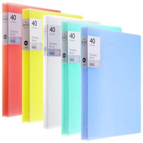 QWORK® Lot de 5 Porte-Vues A4 en avec 200 Pochettes Transparentes (40 Pochettes chacun) – Couleurs Assorties