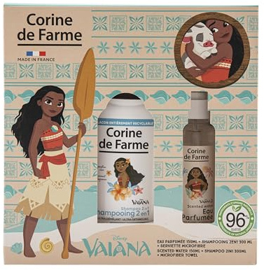 Corine de Farme - Coffret Vaiana : Eau Parfumée 150ml + Shampooing 2en1 300ml + Serviette Microfibre - Parfum Coco - 96% Naturel - Démêlant - Nourrit Cheveux Secs