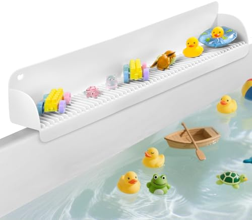 AGPTEK 24 Inch Bathtub Splash Guard with 10 Suction Cups, Silicone Tub Water Splash Guard for Bathtub, Bath Toy Tray Holder Play Shelf for Kids, Universal for Bathroom, Kitchen Sink (White)