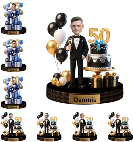 Amabery Personalized Birthday Sculpture Ornament Custom Face Name & Age Cartoon Figure Acrylic Desktop for Birthday Party Christmas Home Decor Keepsake Gifts for Men Dad Husband