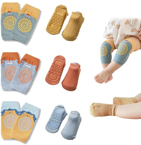 Vhtanop 3 Paar Knieschoner Baby und 3 Paar Baby Socken Babys Krabbeln set, Anti-slip, Knieschoner Stoppersocken Babys für 0–2 Jahren Krabbelhilfe