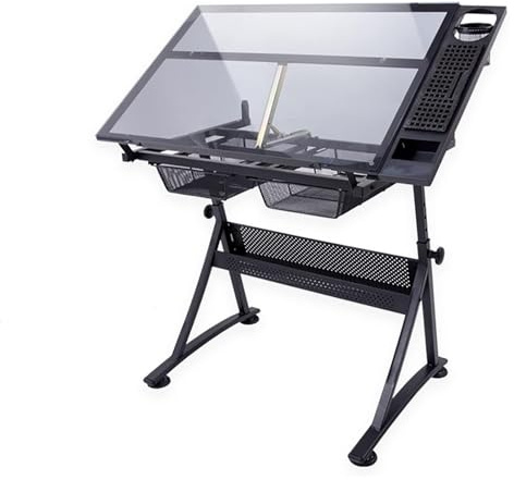 KEuLen Zeichentisch, Architektentisch, Schreibtisch, 80° neigbare Zeichentischplatte mit Glas, Zeichentisch Künstlerschreibtisch mit 2 Schubladen