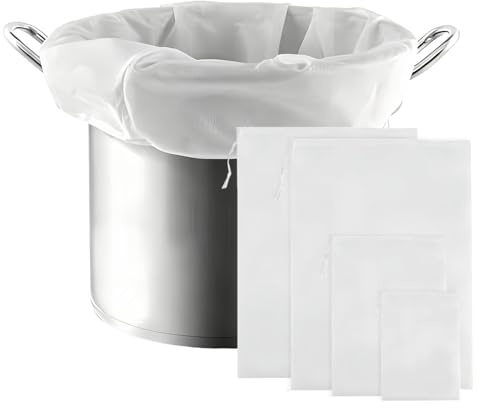 4 Stück Filterbeutel Brew Bag Nylon Siebbeutel - 200 Mikron Pressbeutel für Bier, Wein, Saft, Kuchen - 3 Größen (45x60cm, 15x20cm, 24x36cm) mit Kordelzug, Wiederverwendbar & Langlebig