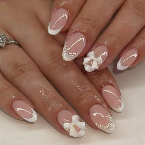 Floruvia 24pcs White French Tip Press On Nails, Short Almond Fake Nails with Bow Pearl Design, Pink Acrylic Nails Kit, Glossy Artificial Glue on Nails for Women