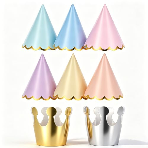 Aeaocvo 8 cappelli di compleanno per bambini e adulti, cappello a cono di carta colorata pastello con corde elastiche, mini cappelli da festa per compleanno, baby shower, decorazioni per animali di