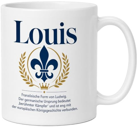 LunaLana® Tasse »Louis – königlicher Name« Kaffeetasse mit Namensmotiv und Lilie | Geschenk für Männer & Geschichtsfans