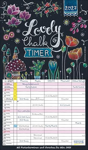 Lovely Chalk Timer 2027: Familienplaner mit 5 breiten Spalten. Typo-Art Familienkalender mit Ferienterminen, Zusatzspalte, Vorschau bis März 2027 und vielem mehr.